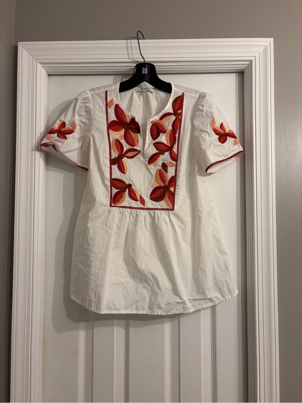 Madewell White Peasant Top with Red and Orange Floral Embroidery